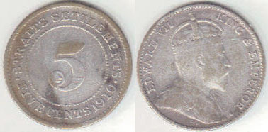 1910 Straits Settlements silver 5 Cents A004205
